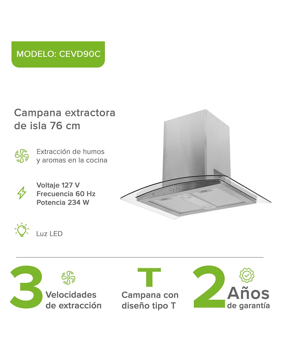 Campana de isla Avera CEVD90C de acero inoxidable