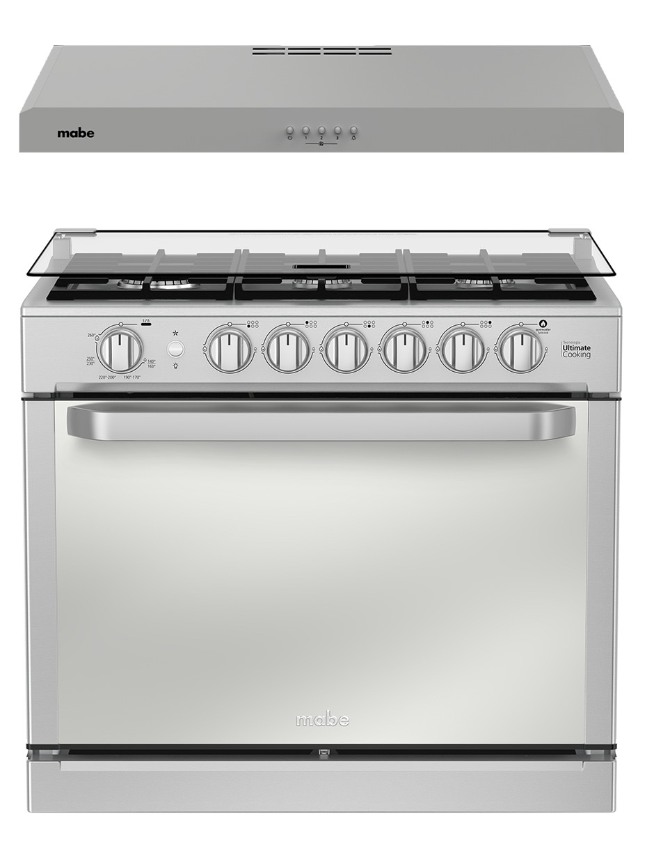 Combo estufa empotrable a gas lp Mabe 79.20 cm MA0C805003CMP80 de 6 quemadores + campana