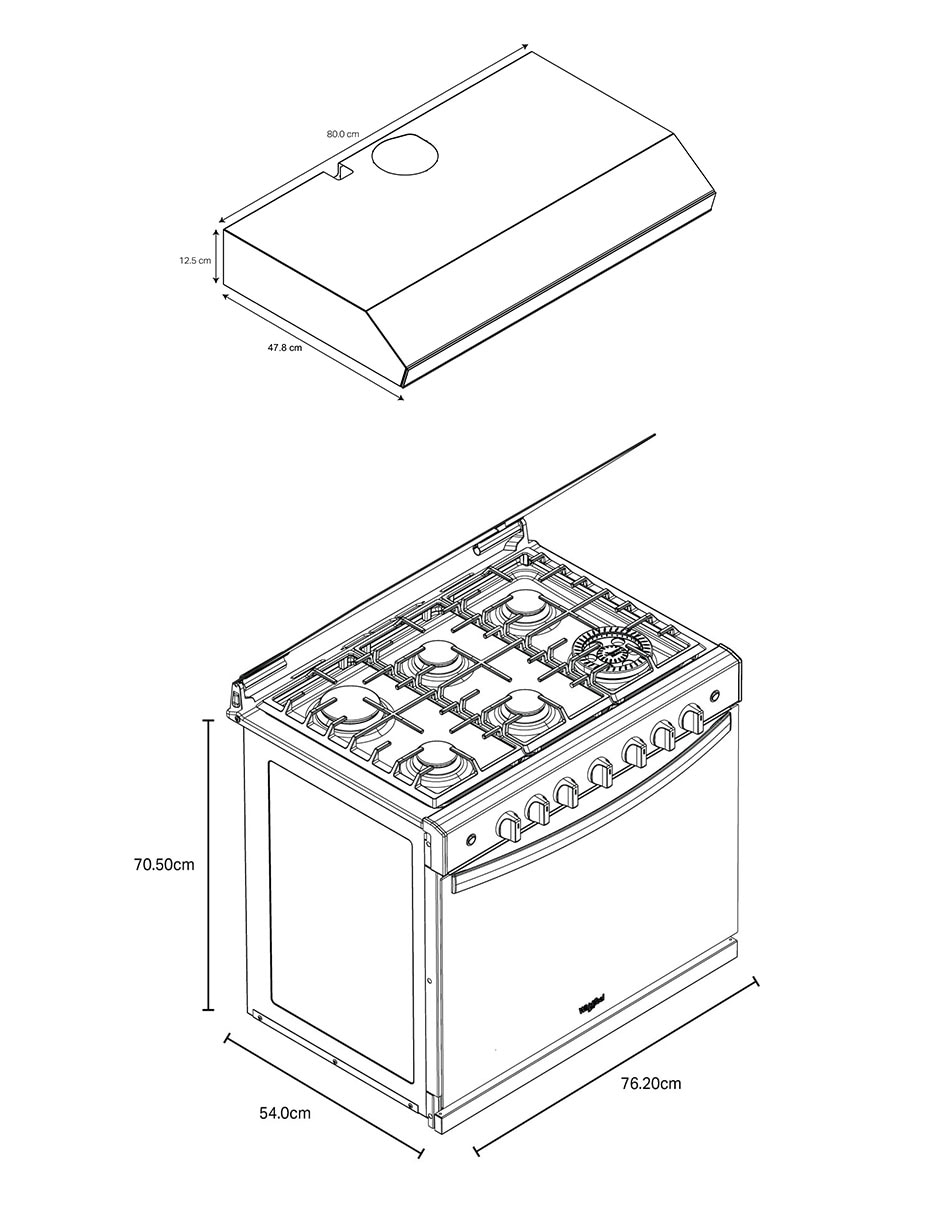 Combo estufa empotrable a gas lp 76.2 cm CWER3100D-HH de 6 quemadores + campana 6