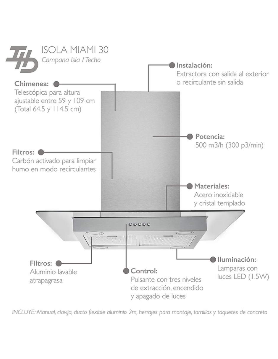 Campana plana isola miami 30 de acero inoxidable 3